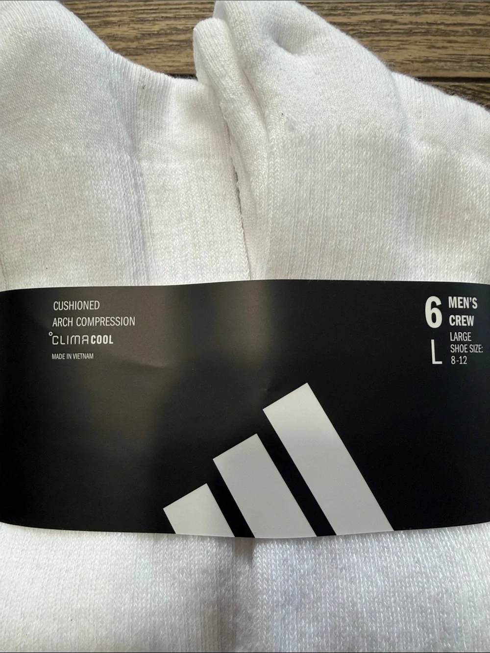 adidas White Crew Athletic Socks with Black Logo - 6 Pack Large 8-12 Climacool
